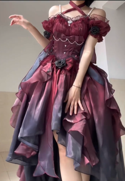 Stunning Black Red Ombre A Line Off the Shoulder Satin Prom Dress Graduation Ball Gown DP4565