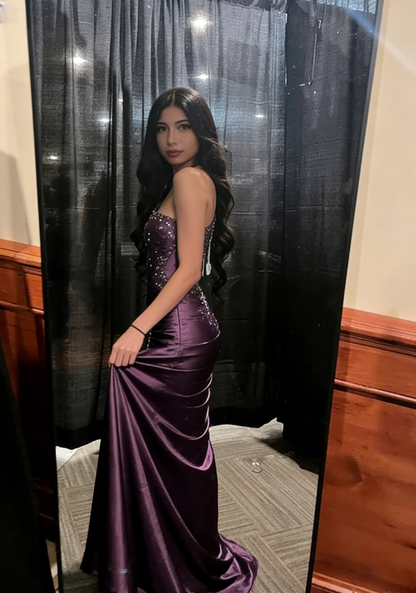 Vintage Purple A Line One Shoulder Pleated Beaded Satin Long Formal Prom Dress Evening Dress DP3073