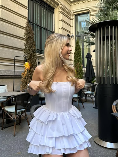 Simple White A Line Strapless Corset Layered Satin Short Homecoming Dress Outfits DP6010