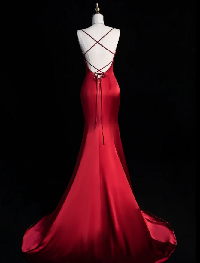 Elegant Mermaid Spaghetti Strap Beaded Red Satin Prom Dress Graduation Prom Dress DP2000