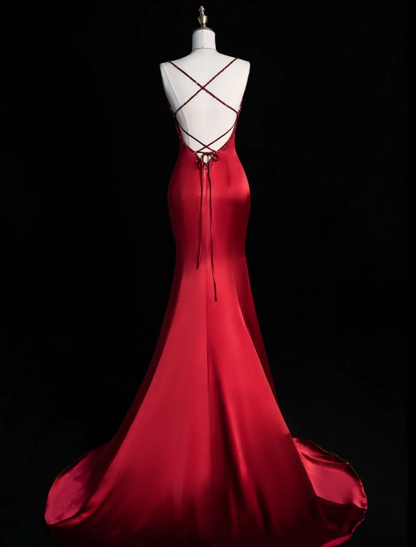 Elegant Mermaid Spaghetti Strap Beaded Red Satin Prom Dress Graduation Prom Dress DP2000