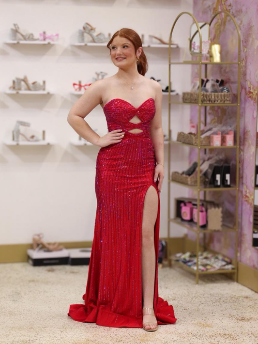 Sexy Red Sheath Sweetheart Neck Beaded Satin Slit Prom Dress Party Evening Dress DP6292