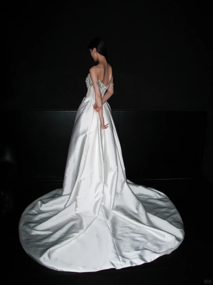 Shiny A Line Straps Rhinestone White Satin Long Wedding Dress with Slit DP8084