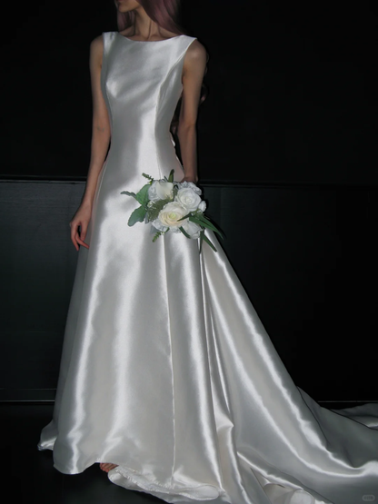 Simple Open Back A Line Round Neck White Satin Long Wedding Dress DP4417