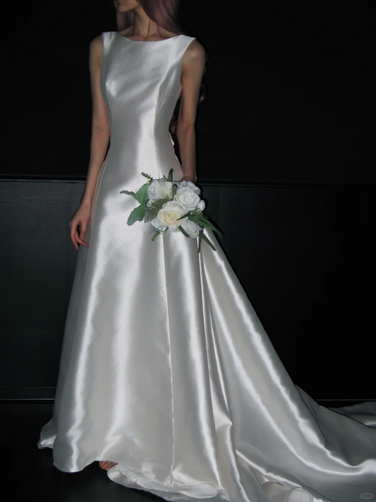 Simple Open Back A Line Round Neck White Satin Long Wedding Dress DP4417