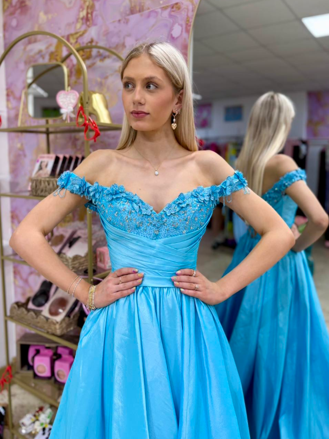 Elegant Blue A Line Off the Shoulder Beaded Satin Long Prom Dress Evening Dress DP6261