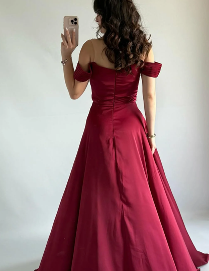 Simple Burgundy A Line Off the Shoulder Satin Prom Dress Evening Dress DP5259