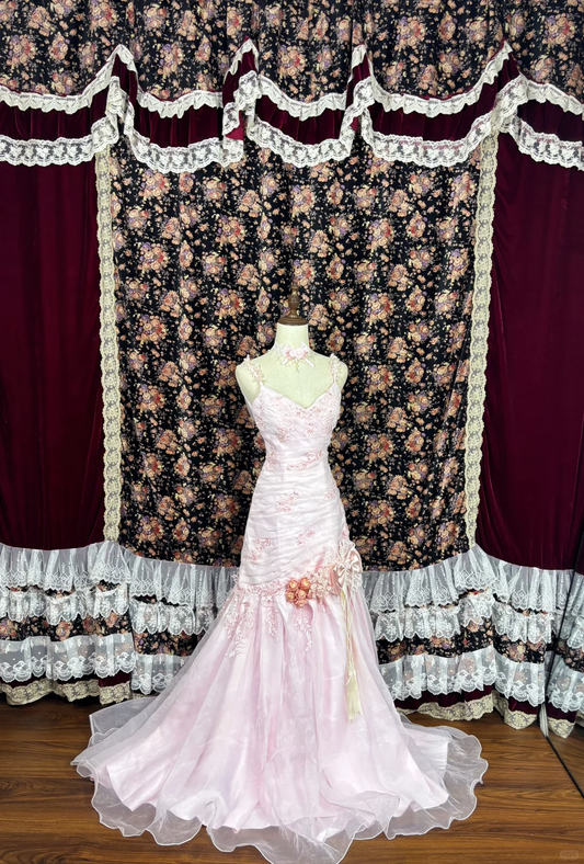 Light Pink Retro Mermaid Strap Pleated Beaded Floral Organza Satin Prom Dress Formal Dress DP3207
