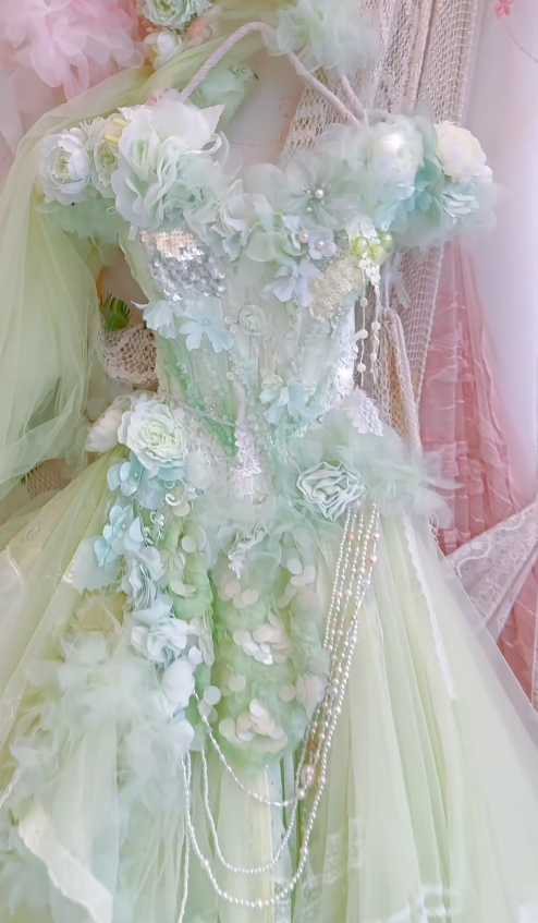 Light Green A Line Off the Shoulder Floral Beaded Tulle Long Prom Dress 16th Birthday Dress DP3795