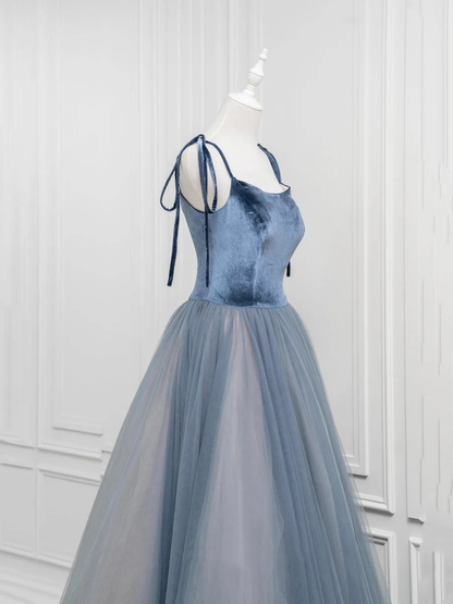 Simple Velvet Tulle Long Prom Dress Gray Blue Evening Party Dress DP256