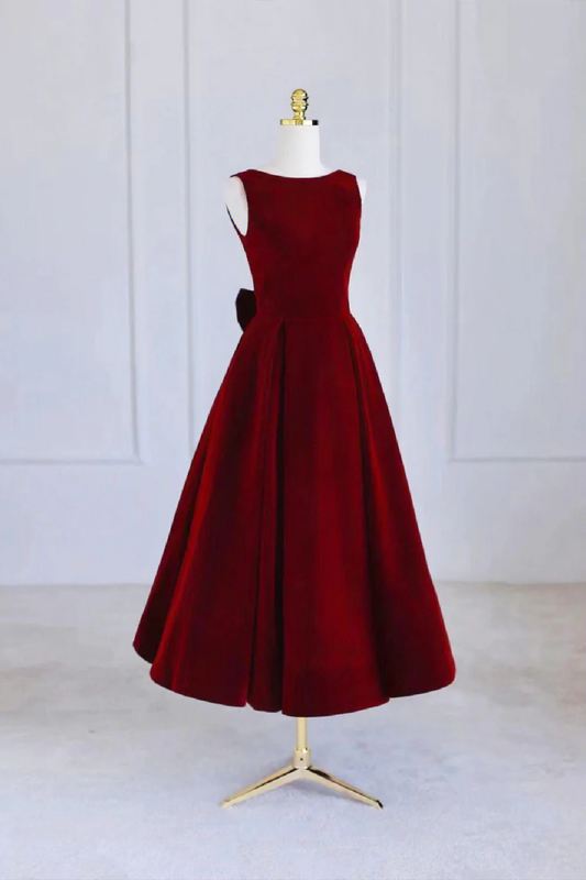 Burgundy Velvet Tea Length Prom Dress A-Line Party Dress DP407