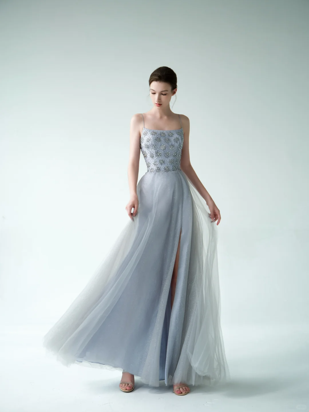 Blue A Line Spaghetti Strap Exquisite Beaded Tulle Prom Dress Evening Dress DP3738