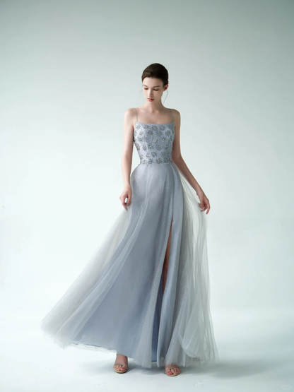 Blue A Line Spaghetti Strap Exquisite Beaded Tulle Prom Dress Evening Dress DP3738