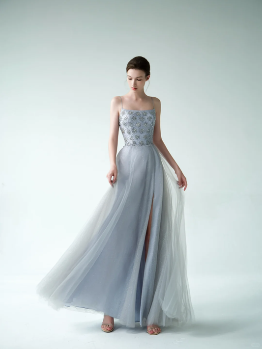Blue A Line Spaghetti Strap Exquisite Beaded Tulle Prom Dress Evening Dress DP3738