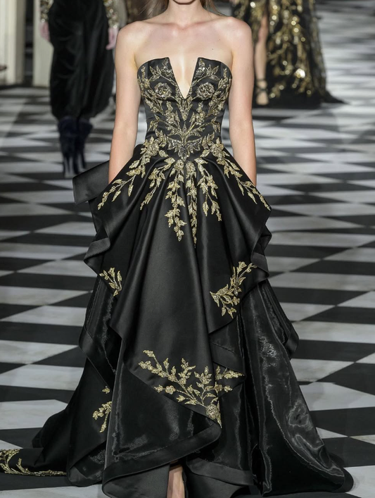 Elegant A Line Strapless Appliques Black Satin Prom Dress Graduation Prom Dress DP2117