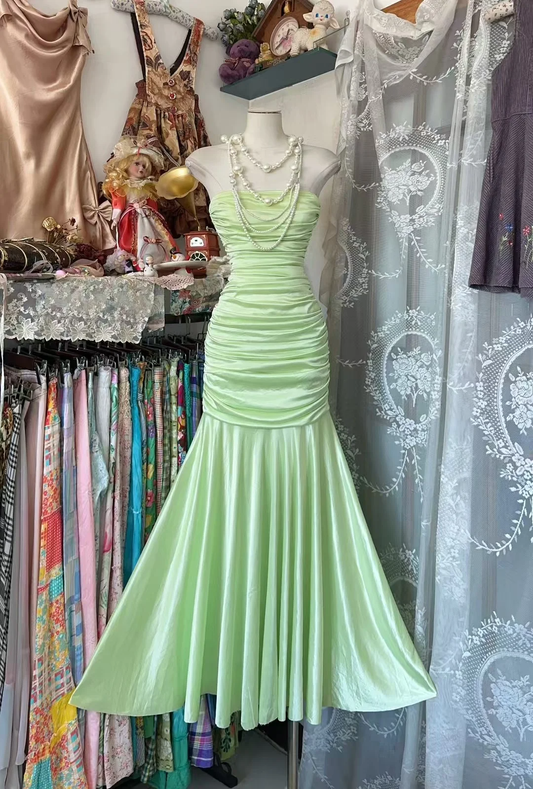 Vintage Mermaid Strapless Pleated Light Green Satin Party Dress Evening Dress DP2432