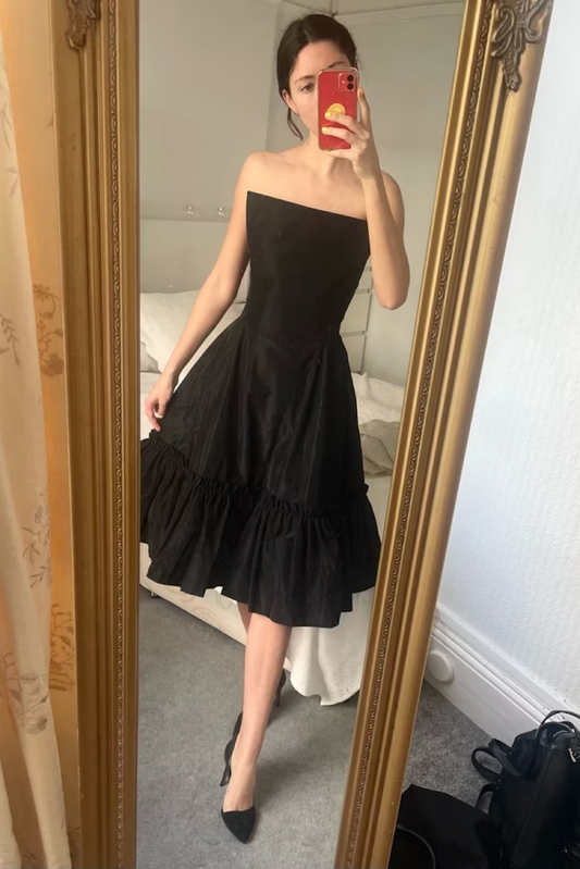 Simple A Line Strapless Black Satin Short Homecoming Dress DP1253