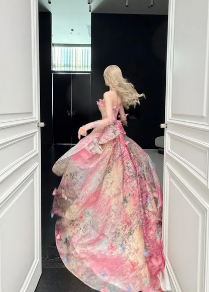 Princess Ball Gown Bow Pink Print Floral Chiffon Long Prom Dress DP4647