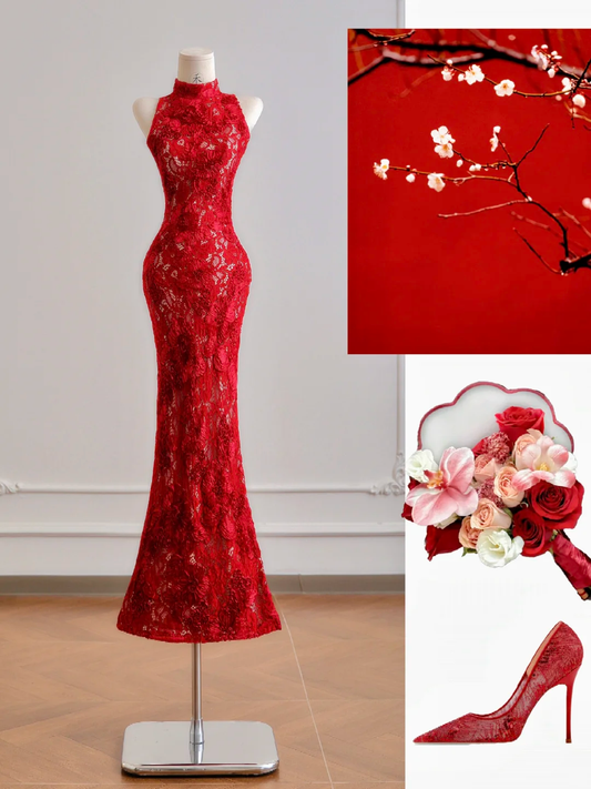Red Mermaid High Neck Lace Long Prom Dresses DP4186