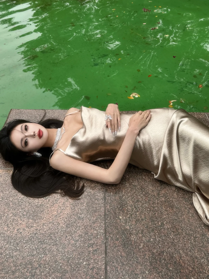 Unique A Line Spaghetti Strap Satin Long Prom Dress Party Dress DP3962