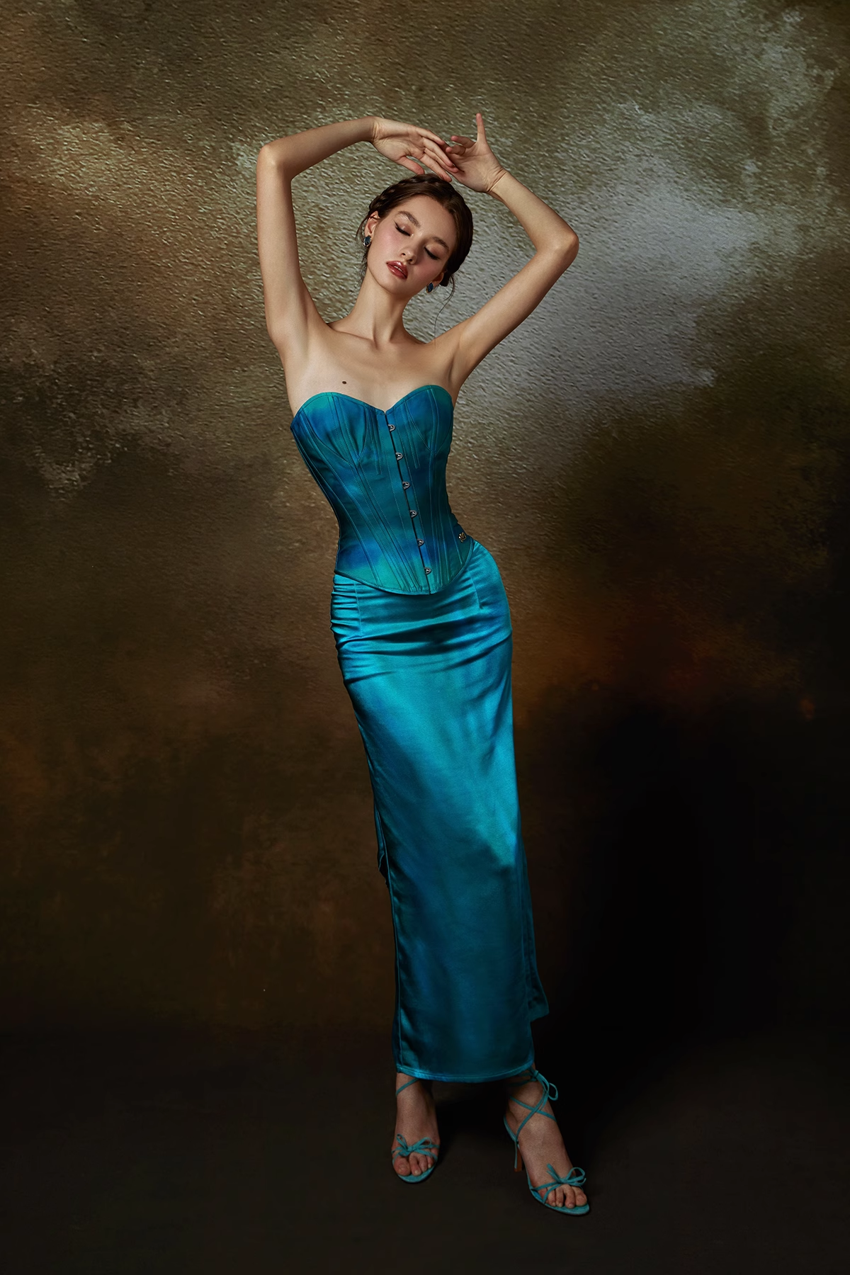 Two Piece Blue Ombre Sheath Sweetheart Neck Satin Party Dress Evening Dress DP2747