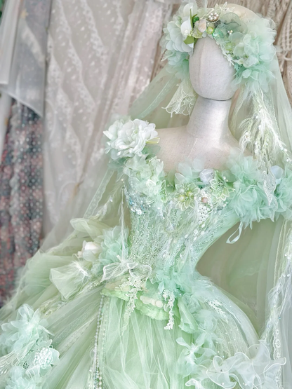 Green Ball Gown Off the Shoulder Floral Exquisite Beaded Tulle 16th Birthday Dress Prom Dress DP3816