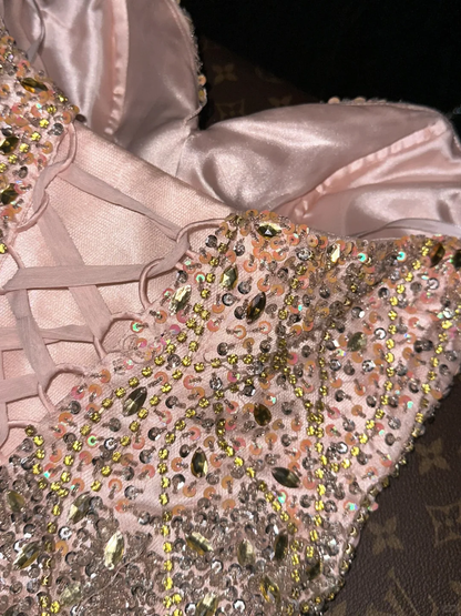 Stunning Pink A Line Sweetheart Neck Beaded Tulle Satin Prom Dress Party Evening Dress DP5339