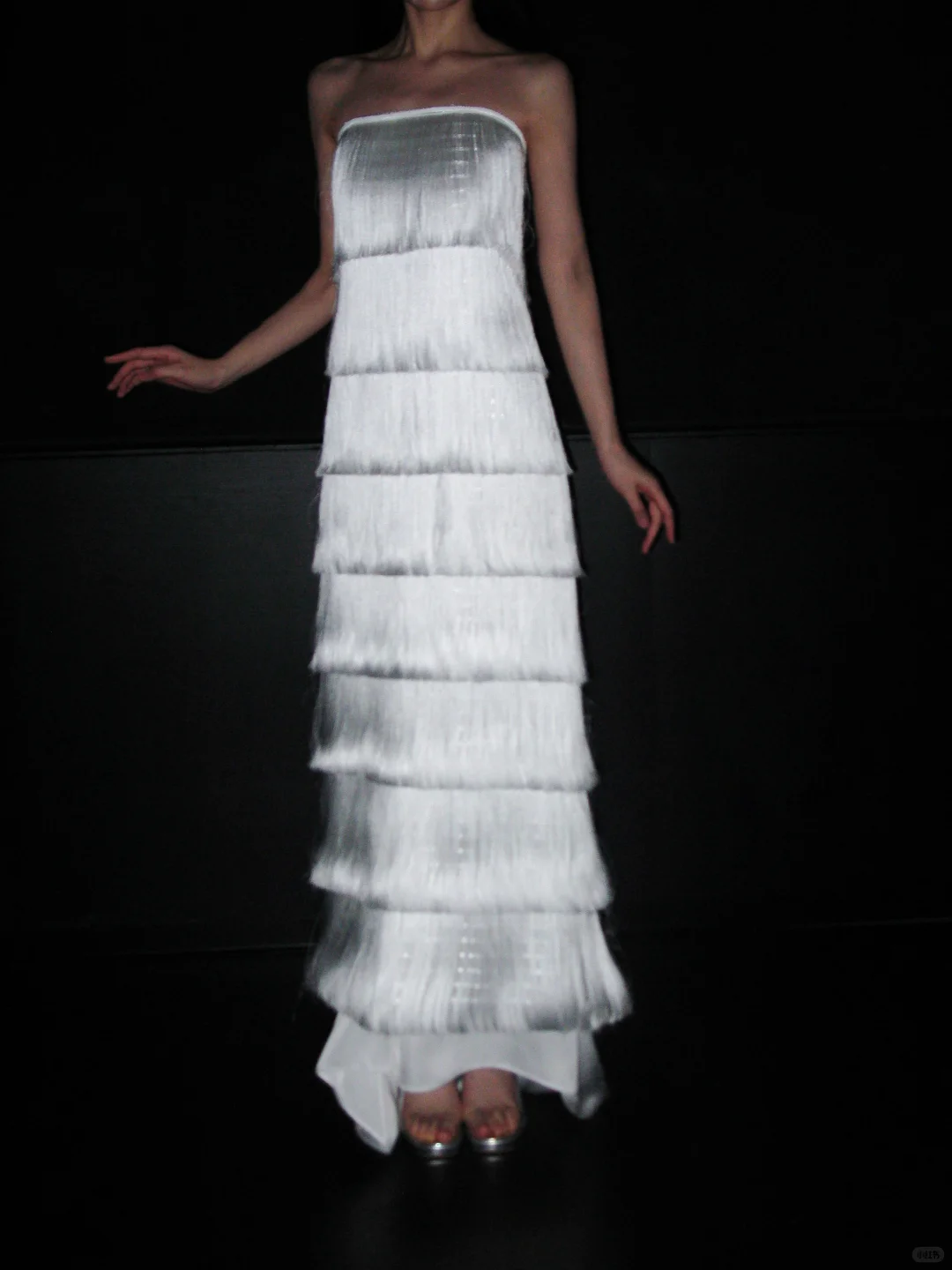 Flowy A Line Strapless Layered Tassel White Satin Long Wedding Dress DP5795