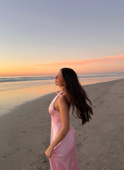Pink Mermaid Halter Satin Open Back Prom Dress Evening Dress Vacation Dress DP5609