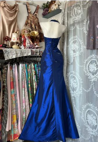 Vintage Halter Mermaid Long Prom Dresses Beaded Satin Blue Evening Dresses Birthday Dresses DP4596