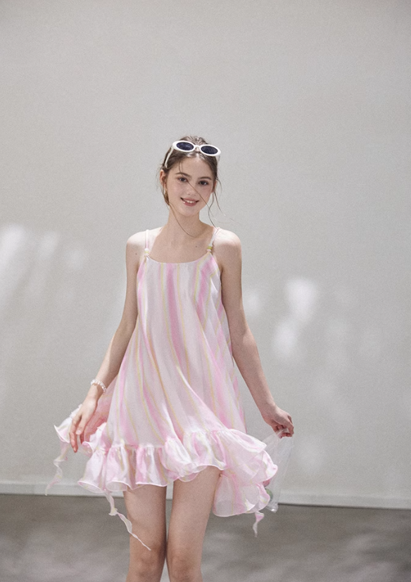 Cute Pink Stripe A Line Spaghetti Strap Satin Short Homecoming Dress Vacation Dress DP3648