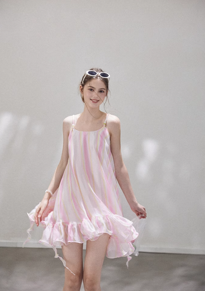 Cute Pink Stripe A Line Spaghetti Strap Satin Short Homecoming Dress Vacation Dress DP3648