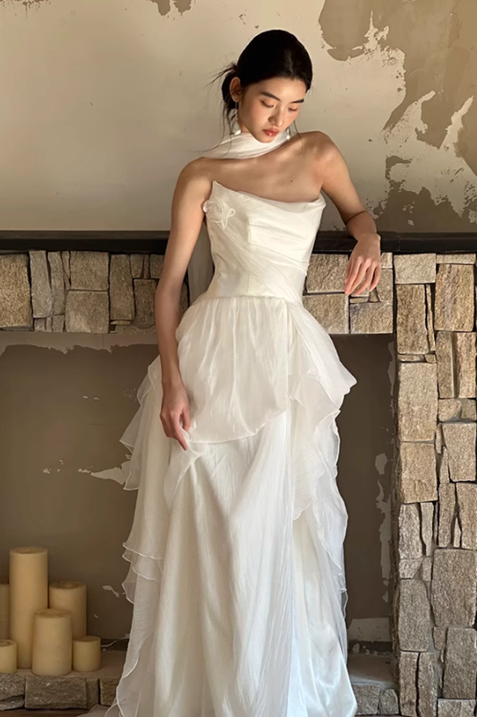 White Ruffle A Line Strapless Chiffon Satin Prom Dress Evening Dress Formal Dress DP3156