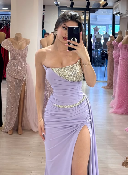 Gentle Purple Mermaid Strapless Rhinestone Satin Long Prom Dress Evening Dress DP4392