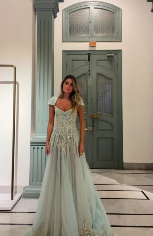 Baby Blue A Line Exquisite Beaded Tulle Prom Dress Wedding Guest Dress DP5741