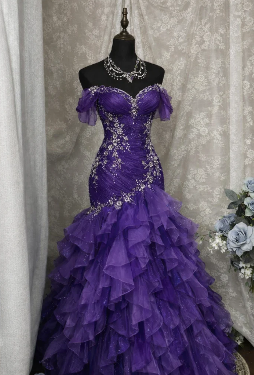 Blue Dreamy Mermaid Exquisite Beaded Layered Ruffle Tulle Prom Dress Evening Gown DP5039