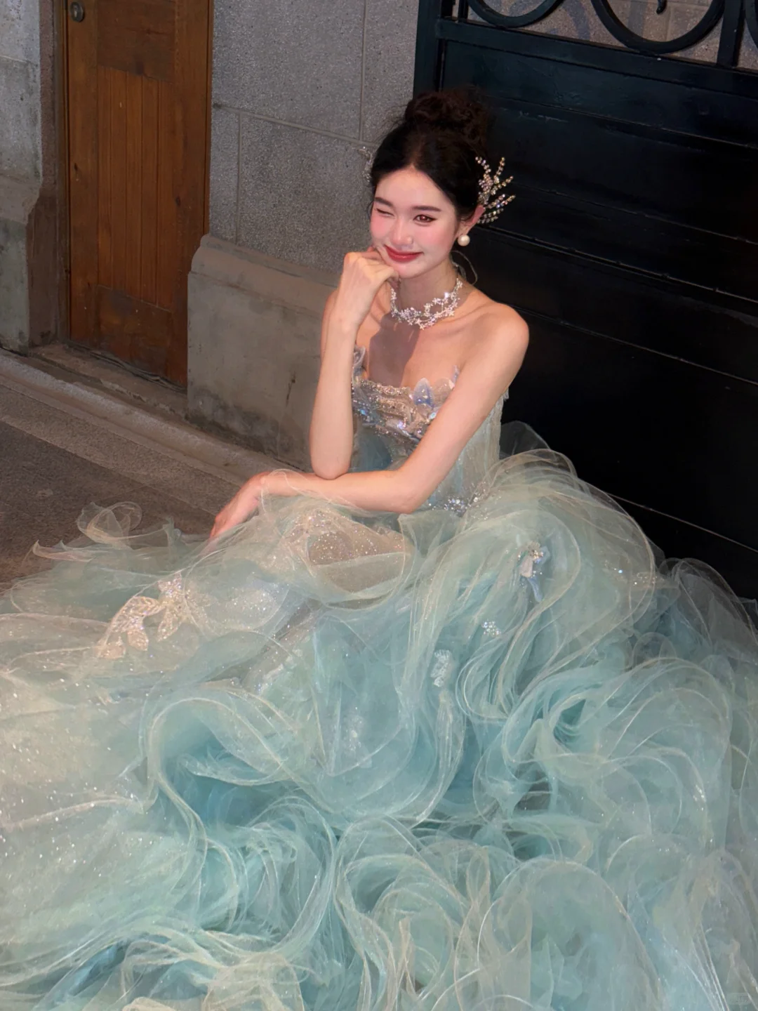 Elegant Ball Gown Strapless Beaded Butterfly Blue Organza Prom Dress 16th Birthday Dress DP4245