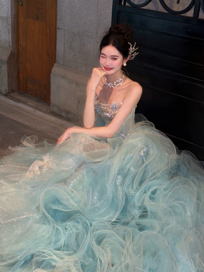 Elegant Ball Gown Strapless Beaded Butterfly Blue Organza Prom Dress 16th Birthday Dress DP4245