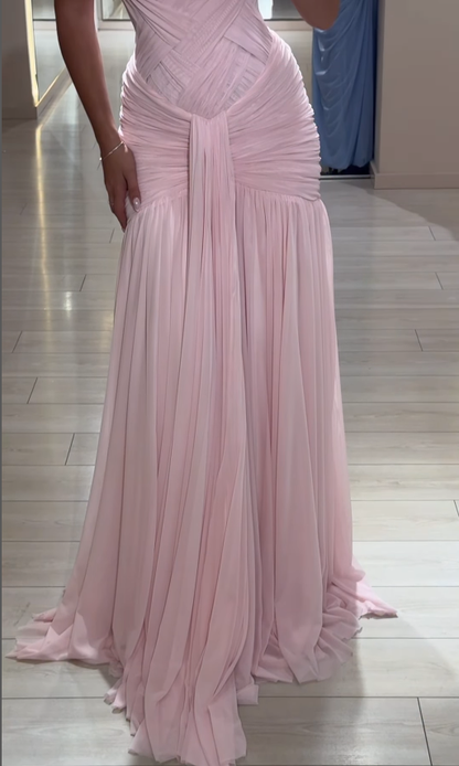 Gentle Pink Mermaid V Neck Pleated Chiffon Long Prom Dress Evening Dress DP4391