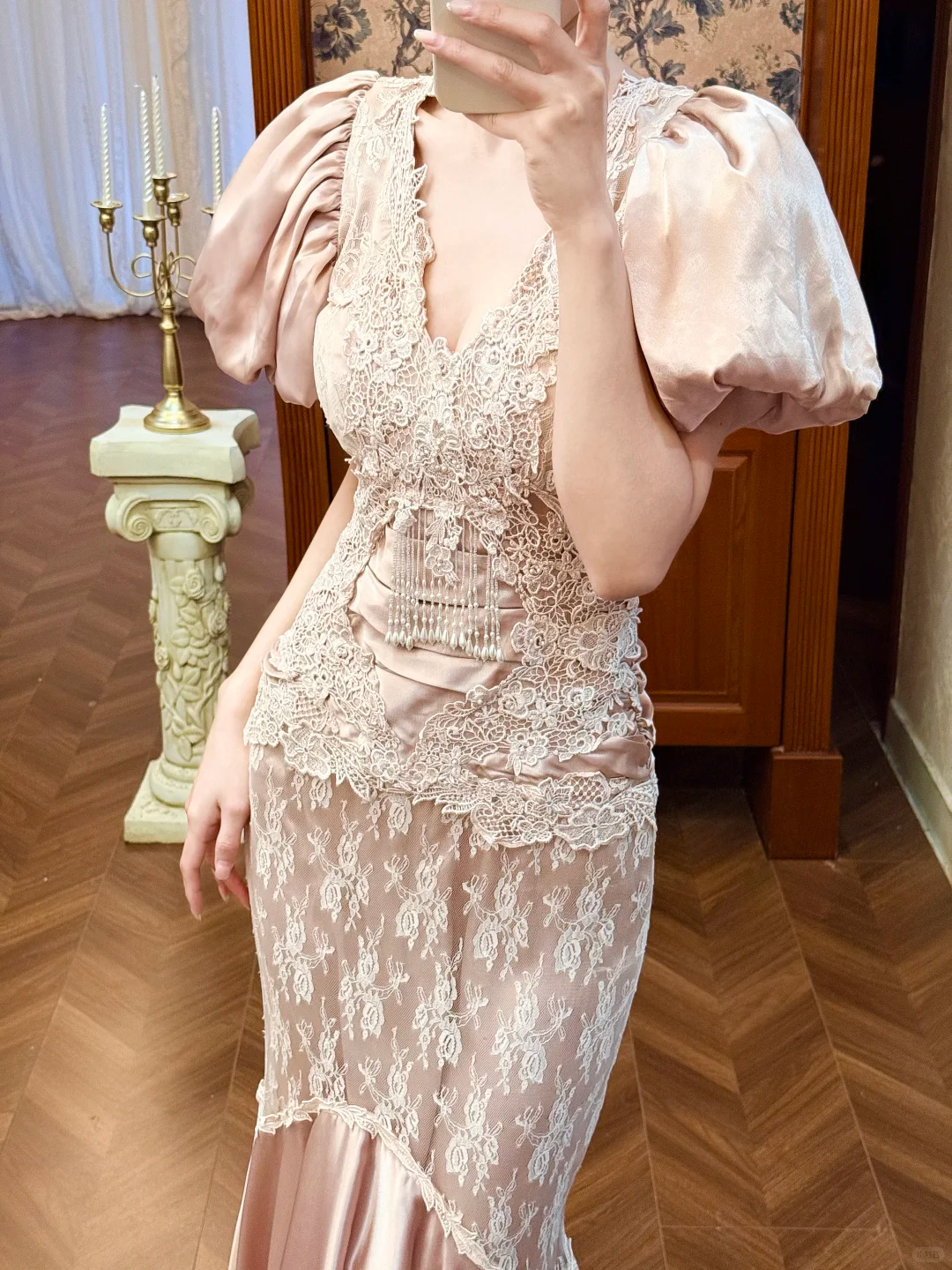 Vintage Light Pink Mermaid Puff Sleeve Lace Satin Prom Dress Evening Dress DP5415