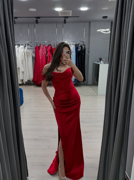 Charming Mermaid Off the Shoulder Corset Red Satin Prom Dress Evening Dress DP1834