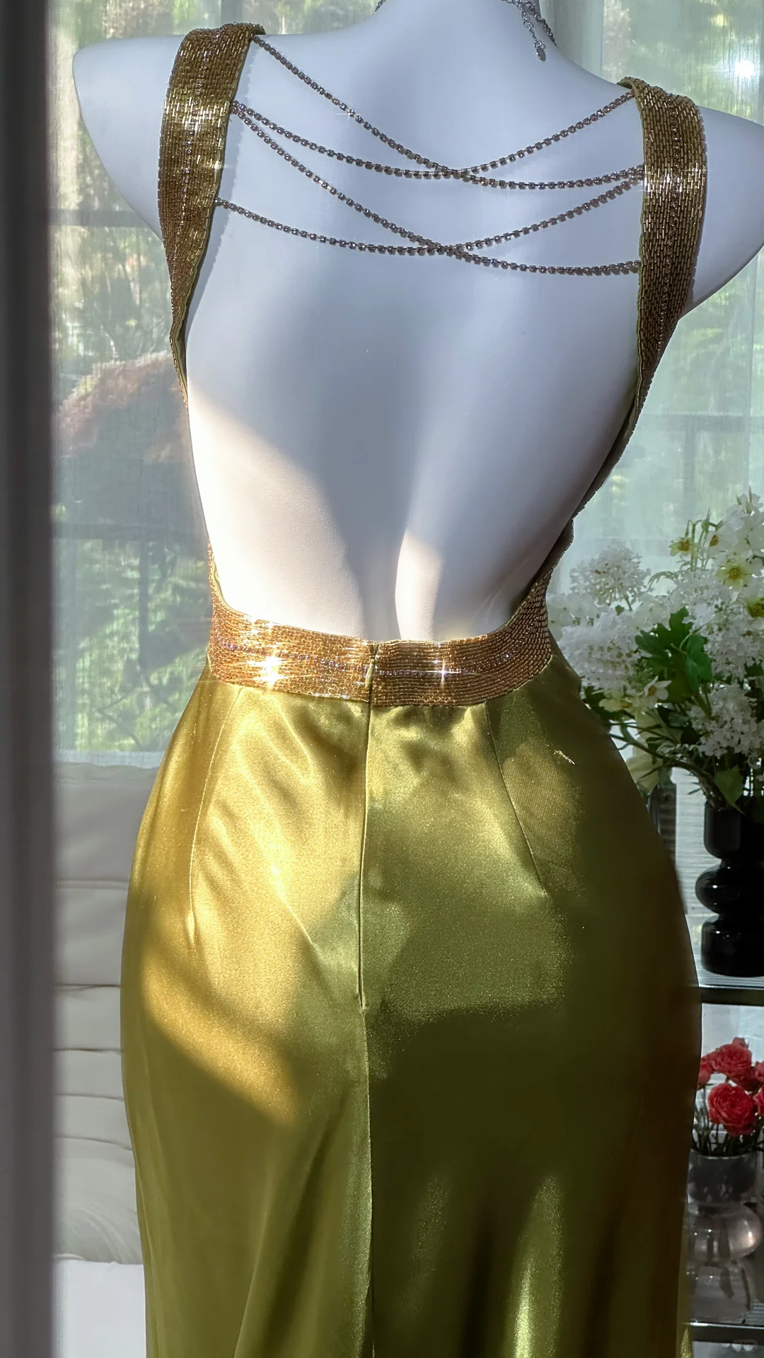 Vintage Sheath Straps Olive Green Beaded Satin Open Back Long Prom Dress DP4717
