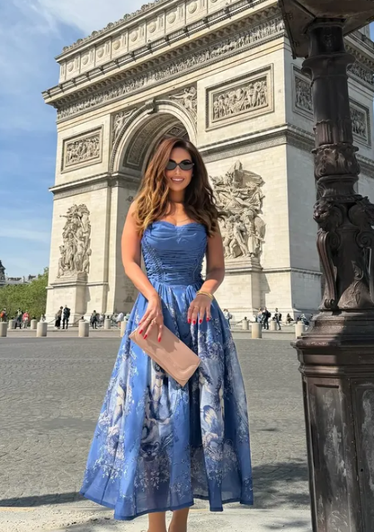Blue Print Floral A Line Spaghetti Straps Chiffon Prom Dress Party Dress DP5801