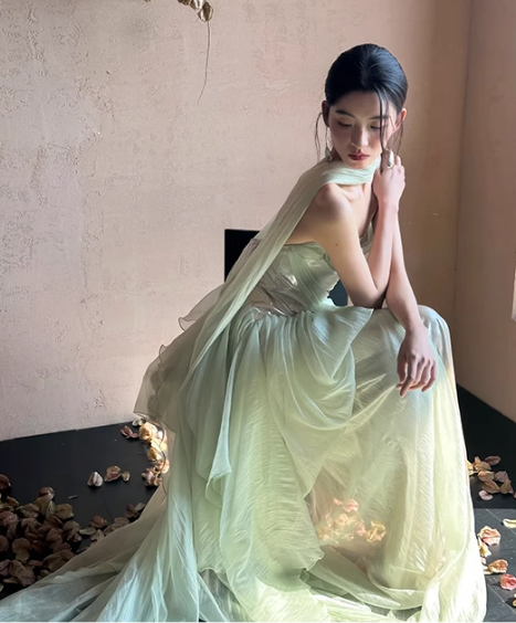 Sage Green A Line Strapless Pleated Chiffon Satin Prom Dress Evening Dress Formal Dress DP3157