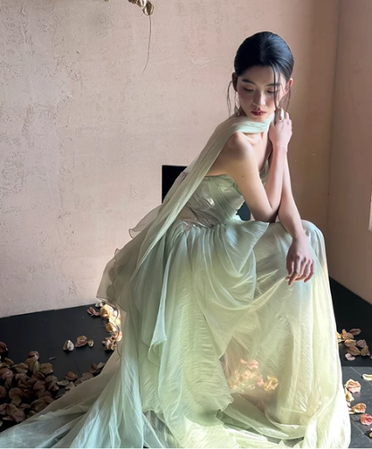 Sage Green A Line Strapless Pleated Chiffon Satin Prom Dress Evening Dress Formal Dress DP3157