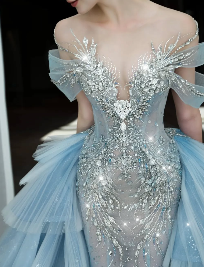 Blue Mermaid Off the Shoulder Exquisite Beaded Sequin Layered Tulle Long Prom Dress Evening Dress DP4685