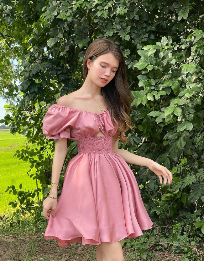 Pink A Line Off the Shoulder Satin Short Homecoming Dress Outfits DP1486
