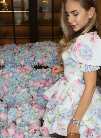 Blue Pink Print Floral A Line Puff V Neck Chiffon Short Homecoming Dress Outfits DP3031