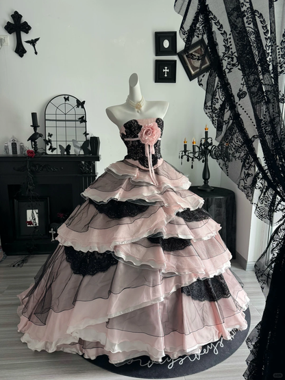 Black-pink Ball Gown Strapless Layered Organza Prom Dress Quinceanera Dress DP6969