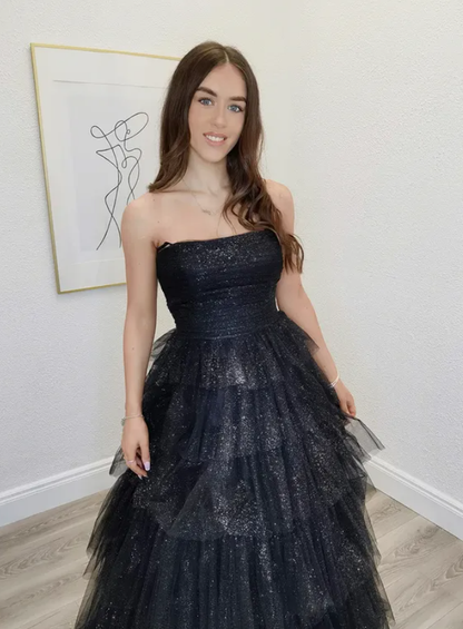 Shiny Black A Line Strapless Sequin Layered Tulle Long Prom Dress Evening Dress DP6770